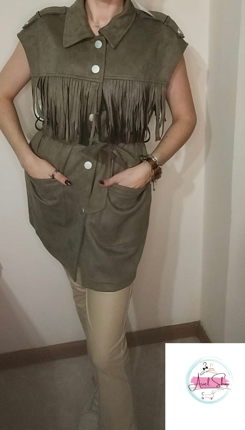 Gilet donna in suede con frange e cintura