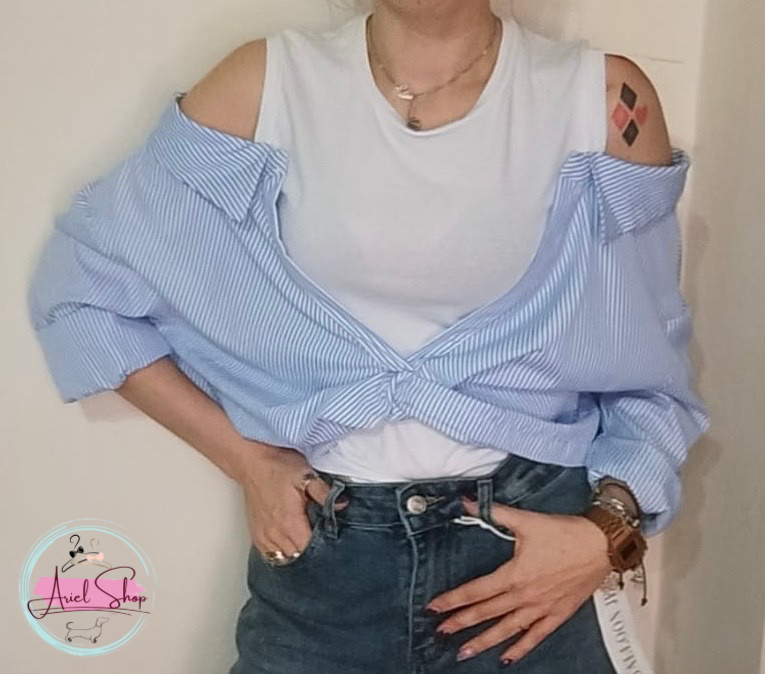 Camicia a righe off-shoulder con nodo